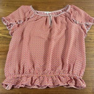 Max Studio Red White Black Yellow Geo Print Ruffle Sleeve Blouse